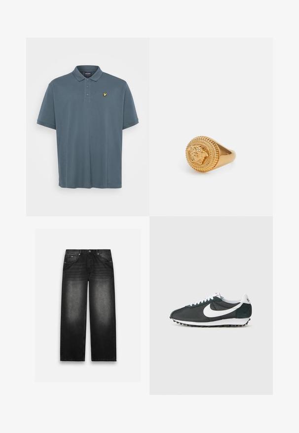 Temno siva polo majica iz mehkega bombaža. Ima klasičen ovratnik, placket s tremi gumbi in rumeno izvezeno logotip na prsih.; Črna in siva karirana srajca z dolgimi rokavi, narejena iz mehkega materiala, s ovratnikom na gumbe in izvezenim logotipom na prsih.; Črne denim hlače širokega kroja. Imajo pet žepov, lahek izbledel videz in trdne šive. Zapiranje na gumb in zadrgo.; Nike copalke iz črnega mrežastega materiala z belim swooshom, belimi vezalkami in temno zelenimi nubukastimi akcenti. Imajo teksturiran črn gumijast podplat.; Versace UNISEX - Prstan - gold- coloured