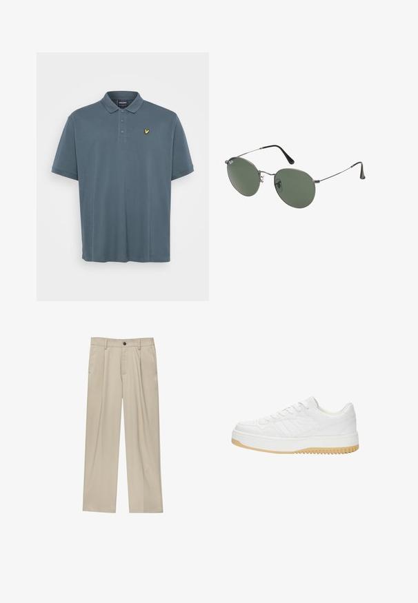 Tmavošedé polo tričko vyrobené z jemnej bavlny. Má klasický golier, zapínanie na tri gombíky a na hrudi žltú vyšívanú nášivku.; Béžové nohavice s rovný strihom, s jedným čiernym gombíkom, pútkami na opasok a bočnými vreckami. Hladká textúra látky a minimálny dizajn.; Biele kožené tenisky s textúrovaným povrchom, s gumovou podrážkou, šnurovacími detailami a subtilnými pruhmi na stranách.; Sunglass s metalovým rámom s oválnymi zelenými šošovkami. Tenký strieborný kovový rám a čierne štuple za uši. Minimalistický dizajn, bez viditeľných log.