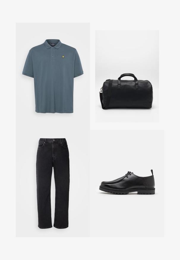 Tummanharmaa polo-paita, joka on valmistettu pehmeästä puuvillasta. Siinä on klassinen kaulus, kolme napinläpeä ja rintataskussa keltainen brodeerattu logo.; Mustat farkut suoran leikkauksen, viiden taskun ja kontrastiväristen ompelujen kanssa. Varustettu nappisulkimella ja vyölenkeillä vyötäröllä.; Musta nahkainen nauhallinen kenkä, jossa on kestävä pohja ja kantapään vetohihna, esitetty sivuprofiilista valkoista taustaa vasten.; Mustasilmäkekassi, joka on valmistettu teksturoidusta synteettisestä materiaalista. Varustettu kahdella kahvalla ja säädettävällä olkahihnalla. Yksinkertainen muotoilu ilman näkyviä kuvioita.