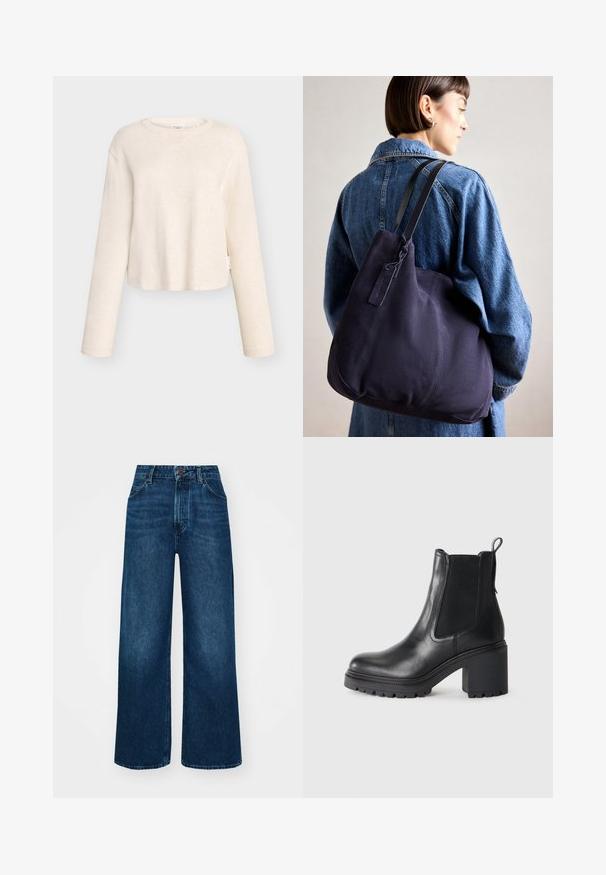 Jasnobeżowy krótki top z długim rękawem wykonany z miękkiego materiału, z lekko zwężanym dekoltem i prążkowaną fakturą oraz boczną metką.; Jeans o wysokim stanie i szerokich nogawkach w ciemnoniebieskim deninie o gładkiej fakturze, z kontrastowymi szwami i pięcioma kieszeniami. Zapięcie na guzik z przodu.; Czarne skórzane buty za kostkę na grubym obcasie, z elastycznymi bocznymi panelami i pętelką z tyłu. Teksturowana podeszwa dla lepszego uchwytu.; Granatowa torba na ramię z płótna o miękkim, strukturalnym kształcie, z czarnym paskiem, przeszyciami i małą metką marki.