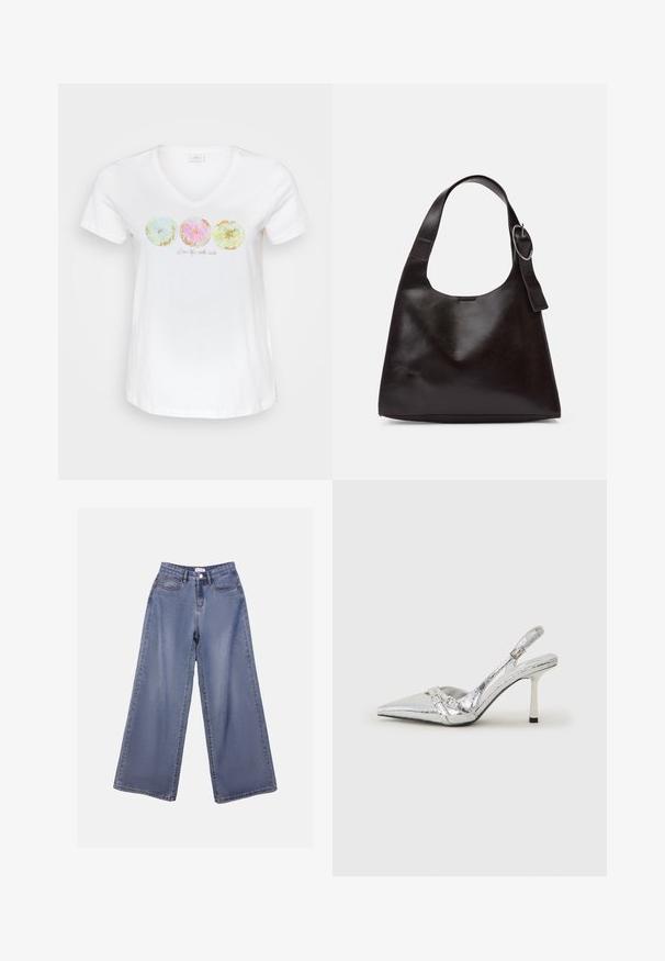 Balta kokvilnas T-kreklu ar V veida kakla izgriezumu. Priekšpusē ir trīs apļveida, pasteļu krāsās veidoti dizaini ar zelta akcentiem un teksts "Dzīvo dzīvi ar aizrautību."; Platas kājas denima bikses gaiši zils mazgājumā, ar augstu jostasvietu, priekšējām kabatām un pogu aizdari ar jostas cilpiņām.; Sudraba slingback augstpapēžu kurpe ar norādītu purngalu, metālisku apdari, diviem dekoratīviem siksniņām un plānu papēdi ar melnu galu.; Brūns ādas plecu soma ar gludu tekstūru, noapaļu formu, platu jostu un apaļu metāla akcentu uz roktura.
