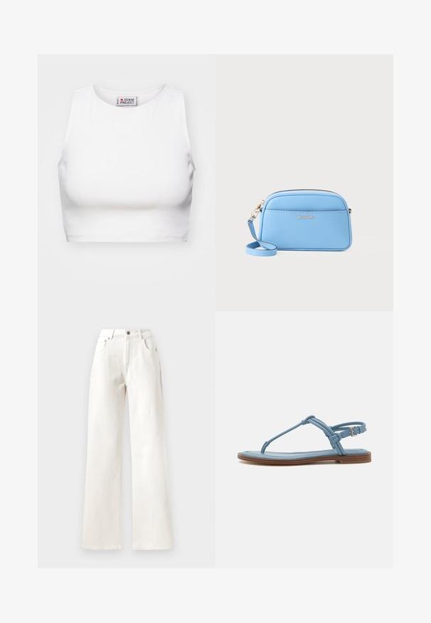 Top cropped branco feito de tecido canelado. Apresenta um decote redondo e cavas largas. Etiqueta visível no interior com a marca "Denim Project".; Calças largas brancas em denim, com fecho de botão, passadores de cinto e design de cinco bolsos. Textura suave com costura visível.; Sandália de dedo em couro azul com sola plana, apresentando um design de tiras finas e fecho com fivela no tornozelo para um ajuste seguro.; Bolsa crossbody em couro azul claro com acessórios em tom de ouro, fecho em zip, e um bolso frontal. Apresenta uma alça ajustável para conveniência.