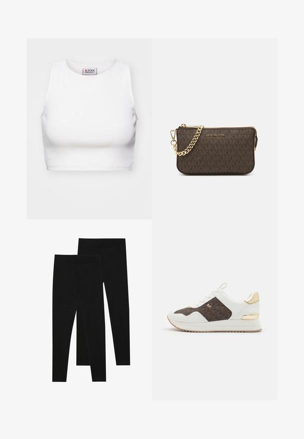 Balta, īsa krāsa topa blūze, izgatavota no ribota auduma. Aprīkota ar apaļu kakla izgriezumu un plašām piedurknēm. Iekšpusē redzama birka ar "Denim Project" zīmolu.; Melni legingi, izgatavoti no stiept materiāla, ar bezšuvju jostu un slaidu piegriezumu, piemēroti ikdienas valkāšanai vai vingrošanai.; Baltas sporta apavi ar brūnu rakstainu auduma paneļu, zelta metāla akcentiem, apaļu purngalu, šņorēšanas dizainu un teksturētu gumijas zoli.; Brūna ādas plecu soma ar logo rakstu, zelta ķēdes siksniņu, rāvējslēdzēja aizdari un zelta aparatūras akcentiem. Kompakta un taisnstūra forma.