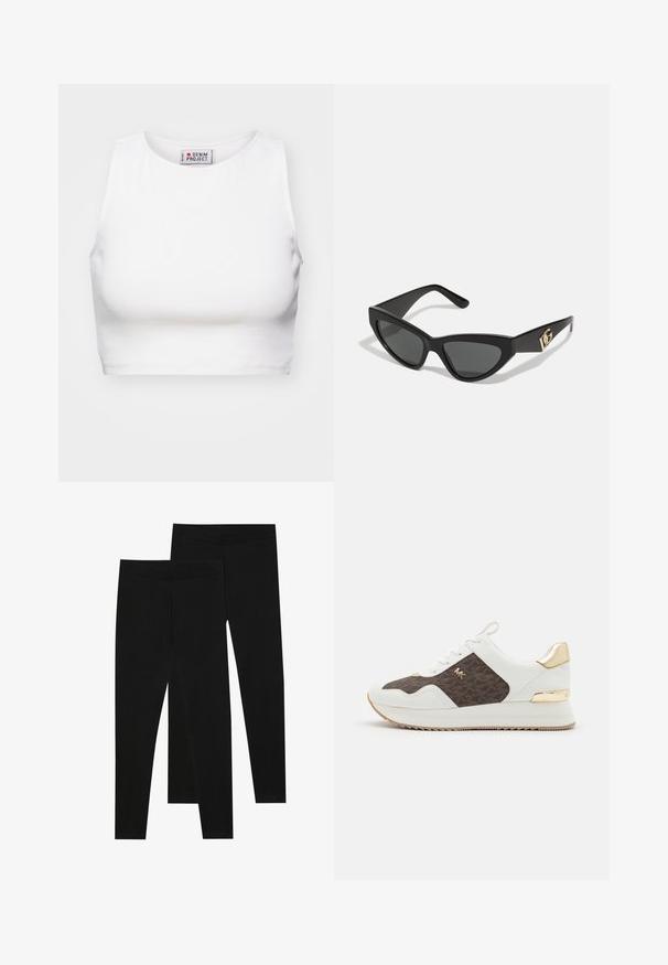 Weißes, kurzes Tanktop aus Rippenstoff. Hat einen runden Ausschnitt und weite Armausschnitte. Innen sichtbar mit „Denim Project“-Markierung.; Schwarze Leggings aus dehnbarem Stoff, mit einem nahtlosen Bund und einer schmalen Passform, geeignet für Freizeit oder Sport.; Weiße Sneakers mit braunem gemustertem Stoffpaneel, goldenen Hardware-Akzenten, runder Zehenpartie, Schnürdesign und strukturiertem Gummisohle.; Cat-Eye-Sonnenbrille mit mattem schwarzen Kunststoffrahmen, dunklen Gläsern und einem goldenen Logoplatz auf dem Bügel. Winkeliges Design und glatte Oberfläche.; Braune Leder-Crossbody-Tasche mit Logo-Muster, goldener Kettenriemen, Reißverschlussverschluss und goldenen Hardware-Details. Kompakte und rechteckige Form.