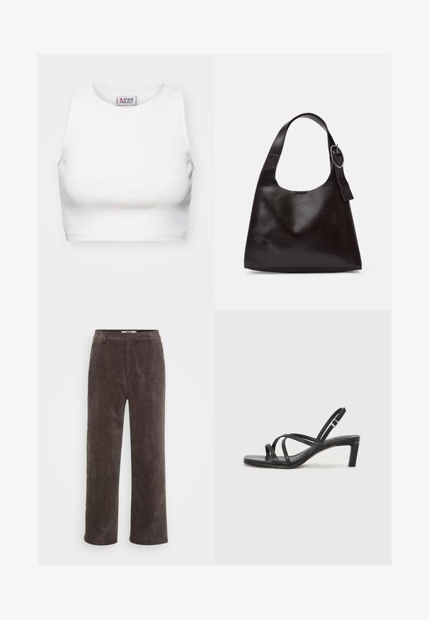 Hvid cropped tanktop lavet af ribbet stof. Har en rund halsudskæring og brede ærmegab. Etiketten er synlig indeni med "Denim Project" branding.; Brune corduroy bukser med bred benvidde og struktureret overflade, der har en standard talje og to forlommer.; Sort remsandale med firkantet tå og en lav blokeret hæl. Har flere tynde stropper og en justerbar ankelrem. Fremstillet af glat læder.; Brun læder skuldertaske med en glat tekstur, rund form, bred rem og cirkulært metalaccent på håndtaget.