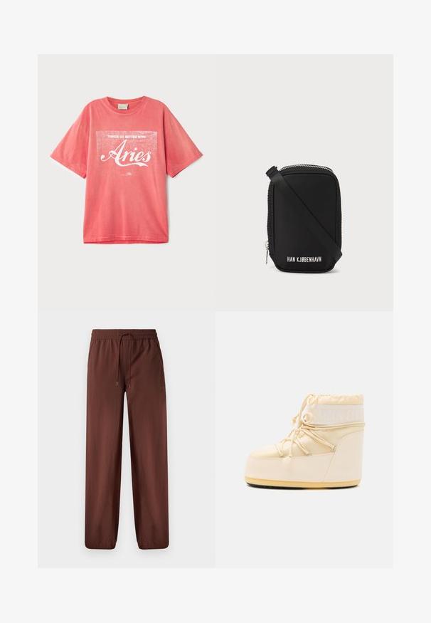 Korall színű, rövid ujjú pamut póló, laza szabással. Fehér, képernyőnyomott szöveggel díszített, amely így szól: "A dolgok jobban mennek a Kosokkal."; Barna, könnyű nadrág, gumis derékkal, húzózsinórral és szűkített lábaival. Simább textúra, zsebek nélkül, minimális márkajelzés.; Fény bézs színű Moon Boot, lekerekített orral, fűzőzárással és textúrált gumi talppal. Fehér márkázással és sima szintetikus anyagokkal rendelkezik.; Fekete táska, téglalap alakú, sima anyagból készült. Jellemzője a felső cipzár, állítható pánt és a fehér felirat: "HAN KJØBENHAVN."