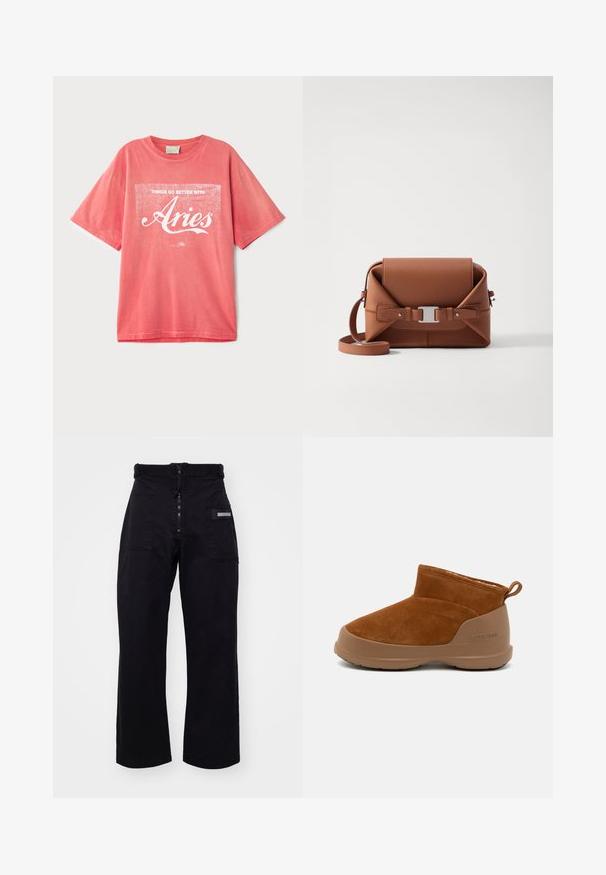 Korall színű, rövid ujjú pamut póló, laza szabással. Fehér, képernyőnyomott szöveggel díszített, amely így szól: "A dolgok jobban mennek a Kosokkal."; Fekete, bő lábú cargo nadrág cipzáros és tépőzáras záródással, két első zsebbel és egy oldalzsebbel, amely téglalap alakú fém részlettel rendelkezik.; Barna velúr bokacsizma barna gumitalppal, egyszerű kialakítással, kerek orral és kis hátsó húzófüllel.; Barna bőr keresztpántos táska strukturált kialakítással, ezüst csattal és állítható pánttal. Simább felületű, varrott díszítésekkel.