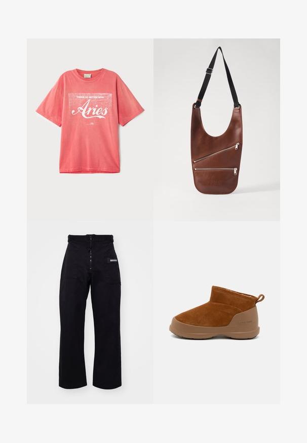 Koraļļu īsajā piedurknē T-krekls, izgatavots no kokvilnas, ar brīvu piegriezumu. Satur baltu ekrāndrukātu tekstu "Lietas sok labāk ar Aunām."; Melni, platīgi kravas bikses ar rāvējslēdzēju un Velcro aizdari, kas aprīkotas ar divām priekšējām kabatām un sānu kabatu ar taisnstūra detaļu.; Brūni zamšādas potīšu zābaki ar brūnu gumijas zoli, kam ir vienkāršs dizains, noapaļota purngala un neliela aizmugurējā cilpa.; MM6 Maison Margiela FLAT SADDLE MINI BAG UNISEX - Plecu soma - root brown