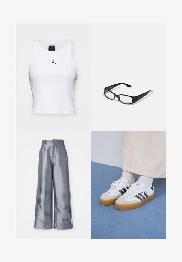 Fehér, pamut anyagból készült, bordázott textúrájú felső, rövid fazonban. A közepén fekete Jordan logó található, és klasszikus kerek nyakú.; Fényes szürke anyagú, bőszárú nadrág, fehér oldalsávokkal és lángmintával az alsó lábakon. Gombos és cipzáras záródás a deréknál.; Fehér sportcipő fekete csíkokkal és bézs velúr részletekkel. Texturált gumi talppal és lapos fehér fűzőkkel rendelkezik, világos színű zoknival viselve.; Fekete téglalap alakú szemüveg, átlátszó lencsékkel. Fényes felület, keskeny szárak, és lila árnyalat látható a lencsék szélén.