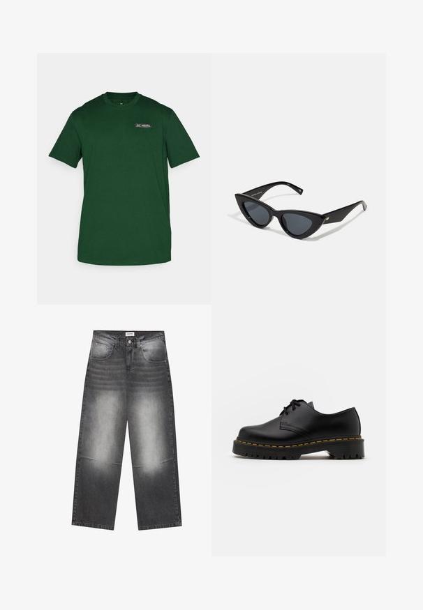 Under Armour HEAVYWEIGHT ARMOUR LABEL - Základné tričko - forest green/black; Široké čierne denimové džínsy s vyblednutým šedým povrchom, s prednými vreckami, zapínaním na gombík a jemným opotrebovaním na kolenách.; Čierna kožená šnurovacia topánka s okrúhlou špičkou, štruktúrovanou gumovou podrážkou a žltým prešitím okolo základne. Plný dizajn a hladký povrch.; Mačacie slnečné okuliare s lesklým čiernym plastovým rámom, tmavými sklami a zlatými detailmi na spánkoch. Ostrý dizajn s hladkými líniami.; Päť strieborných prsteňov: jeden s čiernym kruhovým detailom, jeden s bielo-čiernym geometrickým vzorom a ďalšie s rôznymi tvarmi a povrchovými úpravami.