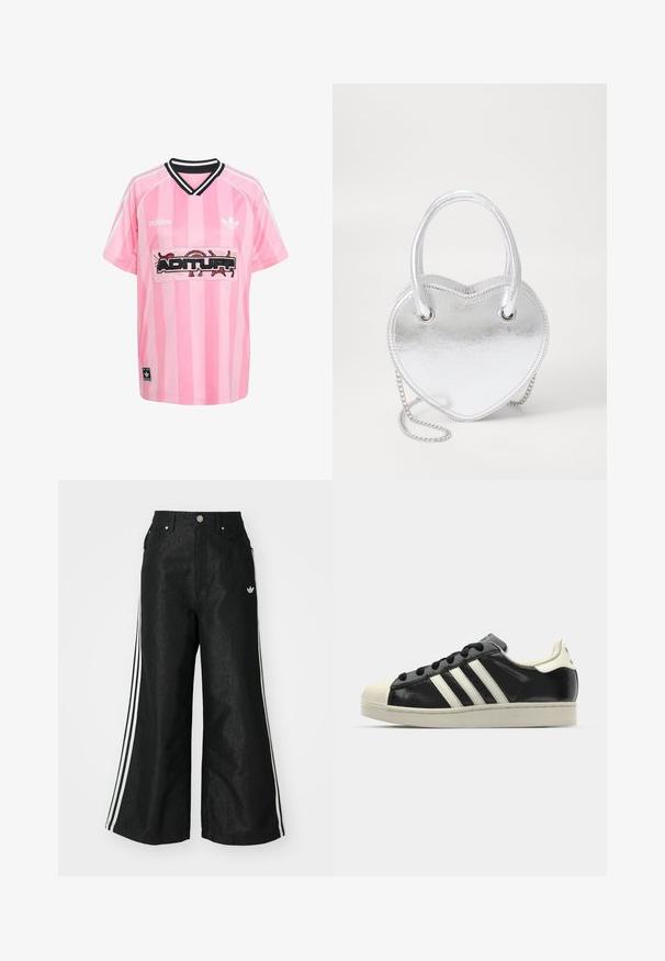 Ροζ ριγέ αθλητική μπλούζα με μαύρο γιακά, που εμφανίζει τη λέξη "ADITURF" σε έντονη κεντημένη γραφή σε λευκό πάνελ. Λογότυπο Adidas στα μανίκια.; Μαύρο τζιν παντελόνι με φαρδιά πόδια, με τρεις λευκές ρίγες σε κάθε πλευρά και ένα μικρό λευκό λογότυπο. Διαθέτει εμπρόσθιες τσέπες και κούμπωμα με κουμπί.; Μαύρα δερμάτινα sneakers με λευκές ρίγες, καουτσούκ προστατευτικό στην μύτη, μαύρα κορδόνια και κρεμ outsole. Λείος υφής με γυαλιστερή φινίρισμα.; Ασημί μεταλλική τσάντα σε σχήμα καρδιάς με διπλούς χειροπράκτες, αλυσίδα και λεία υφή. Διαθέτει μεταλλικά αξεσουάρ και ραμμένες άκρες.