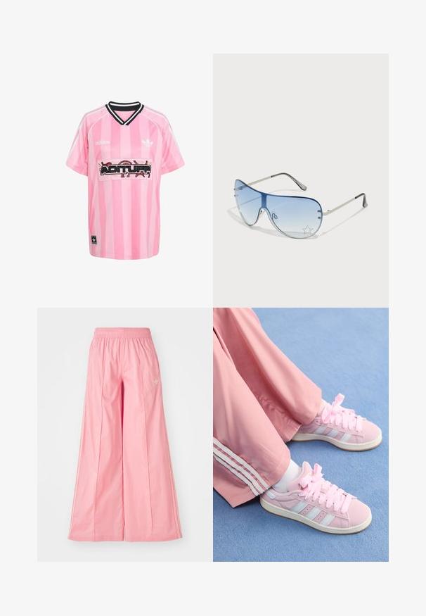 Camisola desportiva riscada de rosa com um colarinho preto, apresentando a palavra "ADITURF" em bordado em negrito num painel branco. Logo da Adidas nas mangas.; Calças largas rosas feitas de tecido leve, com um cós elástico e riscas brancas discretas dos lados. Pequeno logotipo na frente.; Tênis de desporto rosa com riscas azul claro, bico redondo e atacadores grossos rosa, combinados com calças de pista rosa com riscas laterais brancas.; Óculos de sol aviador com lentes azuis em degradê, armação metálica prateada e detalhes decorativos de estrelas nas lentes. Design suave e elegante.