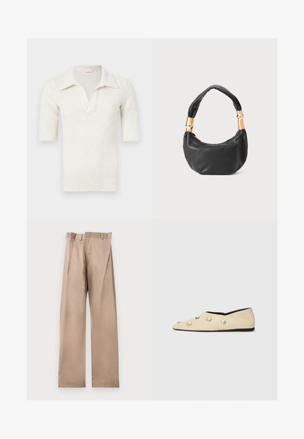 Baltas, trumpomis rankovėmis polo marškinėliai su tekstūrinėmis medžiagomis, turintys išpjautą apykaklę ir V formos iškirptę. Etiketė: CLOSED.; Smėliniai pritaikyti kelnės su tiesiomis kojomis, su plokščiu priekiu, diržo kilpomis ir klostėmis. Pagamintos iš lygaus audinio su minkštu tekstūru.; CLOSED Balerinos stiliaus laivutės - ecru; Juodas odinis rankinukas apvalios formos, minkštos tekstūros su susietu rankena ir auksinės spalvos detalėmis. Užtrauktuko uždarymas.