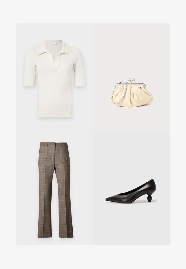 Fehér, rövid ujjú pólóing texturált anyagból, kivágott gallérral és V-nyakú kivágással. Címke: CLOSED.; Barna kockás nadrág egyenes szabással, texturált anyaggal, és a mintázatban lágy bézs és sötétebb barna árnyalatokkal.; Fekete bőr magassarkú cipő, hegyes orral és kerek, gömbölyű sarokkal. Simább textúrával, elegáns, minimalista dizájnnal.; Pleátolt bézs bőr válltáska ezüst fém kerettel, két kerek díszcsattal és ezüst lánc pánttal.