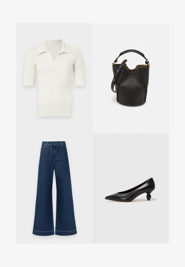 Biela, polo tričko s krátkym rukávom a textúrovanou látkou, s výstrihom do V a zúženým golierom. Štítok: CLOSED.; Modré denimové nohavice so širokými nohavicami a vysokým pásom, ktoré majú gombíkový zapínanie, pútka na opasok a jemné švy pozdĺž vreciek a lemov.; Čierna kožená vysoká topánka na podpätku s ostrým špičkou a okrúhlym, guľatým podpätkom. Hladký povrch s moderným, minimalistickým dizajnom.; Čierna kožená vedro taška s textúrovaným povrchom, zlatými kovovými detailami a otvoreným vrcholom. Obsahuje krátku rukoväť a nastaviteľný ramenný popruh.