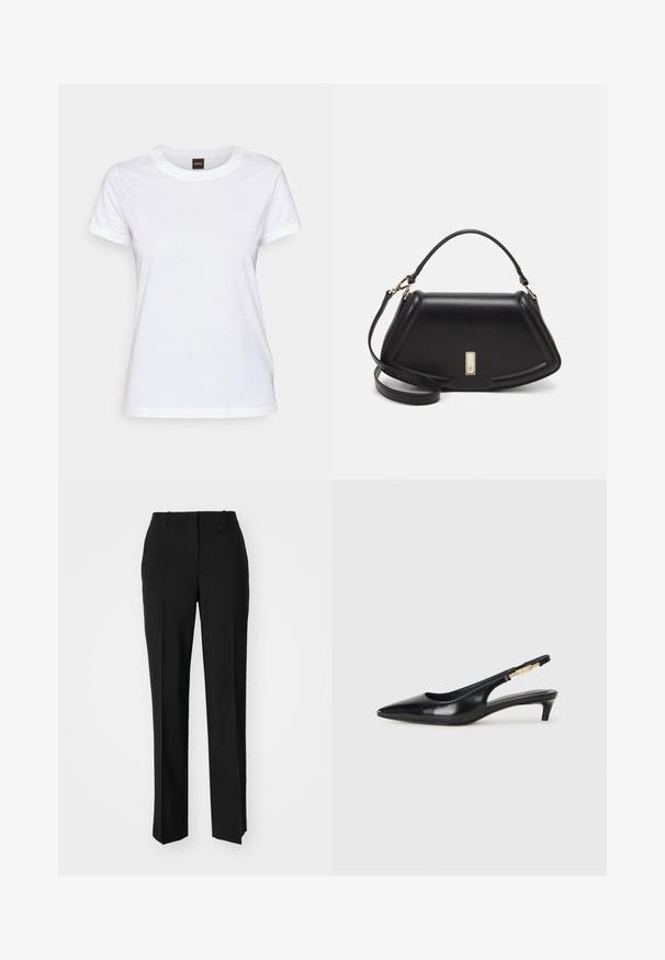 White cotton T-shirt with a crew neck, short sleeves, and a subtle embroidered logo on the chest. Smooth texture, casual design.; Black tailored trousers with a straight-leg design, featuring a smooth texture and crisp creases along the front. No visible hardware.; Black leather slingback heels with a pointed toe, featuring a slim heel and a gold-tone accent on the adjustable strap. Smooth texture.; Black leather handbag with a structured design, featuring a cropped shape, top handle, and gold hardware accent. Adjustable shoulder strap included.