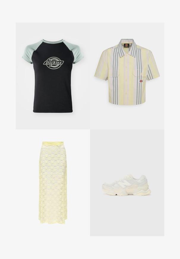 Black t-shirt with light green raglan sleeves. Features a central circular logo with the text "Dickies" in a rope design. Soft fabric texture.; Cropped short-sleeve shirt in light yellow with vertical green and pastel stripes. Features two chest pockets and a logo patch on the left pocket.; Yellow lace maxi skirt with a wavy pattern, featuring a smooth waistband and soft, sheer texture. Designed for a flowy silhouette.; Lightweight sneaker featuring a mesh and suede upper in soft cream tones, with a chunky sole and three-dimensional accents.
