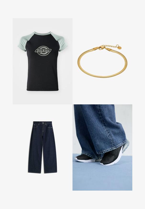 Črna majica s svetlo zelenimi raglan rokavi. Ima osrednji krožni logotip z besedilom "Dickies" v oblikovanju vrvi. Mehka tekstura tkanine.; Temno modre široke kavbojke iz jeansa z žepi spredaj, zapenjanjem na gumb in vidnim šivom na belem ozadju.; Črne atletske čevlje z mrežasto podrobnostjo, belo podplat in vidno zračno blazinico, v kombinaciji z modrimi širokimi kavbojkami.; Zlato-tonirani metalni zapestnica s fleksibilnim mrežastim dizajnom, ki ima rakovo sponko in podaljšano verigo z zaobljenim poudarkom.