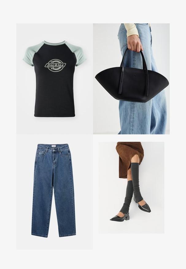 Črna majica s svetlo zelenimi raglan rokavi. Ima osrednji krožni logotip z besedilom "Dickies" v oblikovanju vrvi. Mehka tekstura tkanine.; Klasične modre jeans hlače s ravnim krojem, petimi žepi in gumbom za zapiranje. Imajo srednje pranje in trdno teksturo.; Črne lakirane čevlje s pointy prsti in blok peto ter z naramnicami za gleženj, ki jih kombiniramo s sivimi rebrastimi nogavicami in rjavim suknjičem iz usnja.; Črna usnjena torbica z edinstveno obliko ventilatorja, z ravnimi ročaji. Površina ima teksturo z drobnimi kamni in minimalističen dizajn.