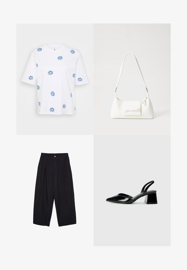 Bílá bavlněná trička s krátkým rukávem, zdobená rozptýlenými modrými květinovými vzory. Kulatý výstřih, volný střih a měkká textura.; Černé polyesterové culotte kalhoty s elastickým pasem, dvěma předními sklady a volným siluetou. Žádné viditelné vzory ani kovové detaily.; Černé lakované kožené lodičky na pásku s špičatou špičkou a geometrickým blokovým podpatkem. Vyznačují se elegantním, minimalistickým designem a hladkým povrchem.; Bílá syntetická kabelka v trojúhelníkovém tvaru, s plochým předním klopným víkem a detailem mašle, nastavitelným popruhem, hladkým povrchem a minimalistickým designem.