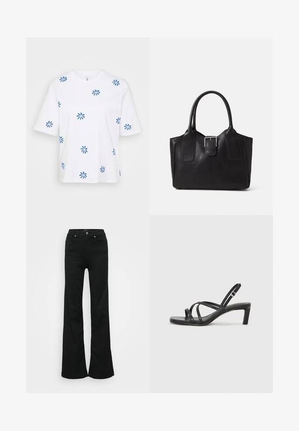 White cotton t-shirt with short sleeves, featuring scattered blue floral patterns. Crew neckline, relaxed fit, and soft texture.; Black flared jeans made from denim, featuring a high waist, five pockets, and metal button closure. Smooth texture with minimal detailing.; Black strappy sandal with a square toe and a low block heel. Features multiple thin straps and an adjustable ankle strap. Made of smooth leather.; Black leather tote bag with smooth texture, structured shape, two handles, and a prominent silver buckle detail on the front.