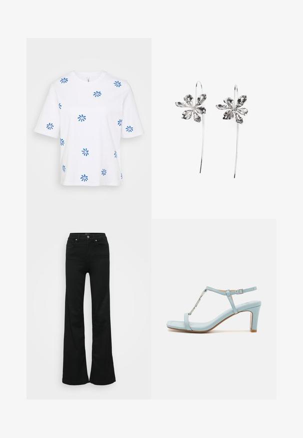 Biela bavlnená tričko s krátkymi rukávmi, s rozptýlenými modrými kvetinovými vzormi. Okrúhly výstrih, voľný strih a jemná textúra.; Čierne rozšírené džínsy vyrobené z denimu, s vysokým pásom, piatimi vreckami a kovovým zapínaním. Hladká textúra s minimálnym zdobením.; Svetlomodré sandále na vysokom podpätku so členkovým remienkom a štvorcovým špičkovým dizajnom, s kovovým akcentom a elegantnou, hladkou koženou textúrou.; Strieborné náušnice v tvare kvetu s textúrovaným povrchom, vybavené dlhými háčikmi a detailmi pripomínajúcimi lupene pre zložitý dizajn.