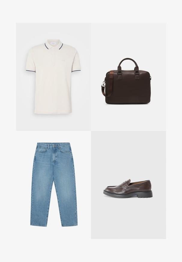 Kerman paita, jossa on kolmen napin nappilista, lyhyet hihat ja tummansininen kaulus sekä hihansuut. Pehmeä puuvillasekoitekangas.; Vaaleansiniset leveälahkeiset farkut korkealla vyötäröllä, joissa on viisi taskua, vyölenkit ja pehmeä, hieman haalistunut pinta.; Ruske nahkalenkkarit, joilla on sileä pinta, pyöreä varvas, minimaalinen ommel ja paksu musta kumipohja. Ei näkyvää varustusta tai koristeita.; Ruskea nahkainen kannettavan tietokoneen laukku, jossa on teksturoidun pinnan, kaksoiskahvat, säädettävä olkahihna ja kaksi etubukletta lisäämään yksityiskohtia.