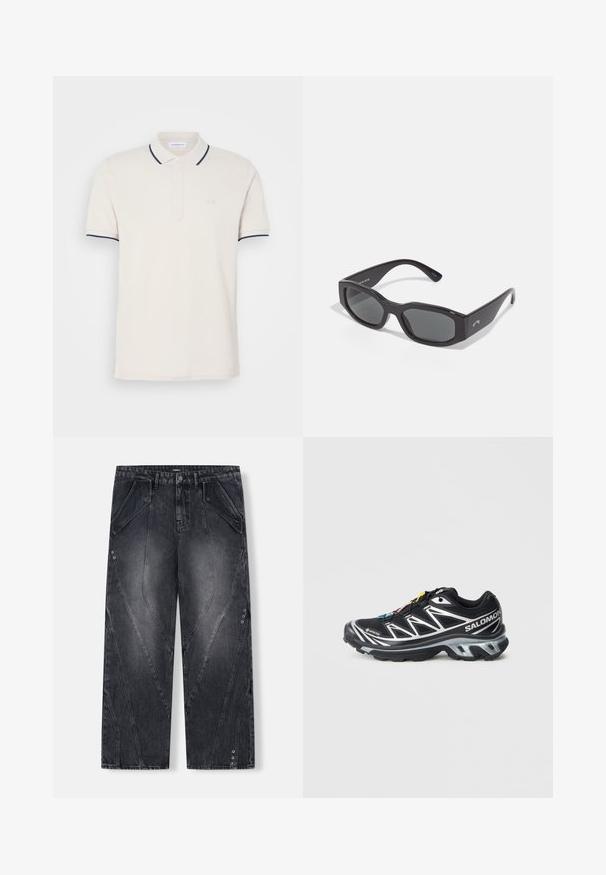 Krémová polo košela s trojitou patentkou, krátkymi rukávmi a námorníckymi modrými akcentmi na golieri a rukávoch. Mäkká bavlnená zmes.; Čierne široké nohavice z denimu s ostrými švami, veľkými vreckami a kovovými gombíkmi. Majú vyblednutý vzhľad a rovný strih.; Čierna bežecká obuv so striebornými akcentmi, materiál GORE-TEX, textúrovaná podrážka a farebné šnúrky. Obsahuje polstrovanú pätu pre podporu.; Čierne obdĺžnikové slnečné okuliare s tmavými sklami. Hrubý plastový rám s hladkým povrchom, s diskrétnym logom na boku.; YOURTURN UNISEX - Ruksak - black