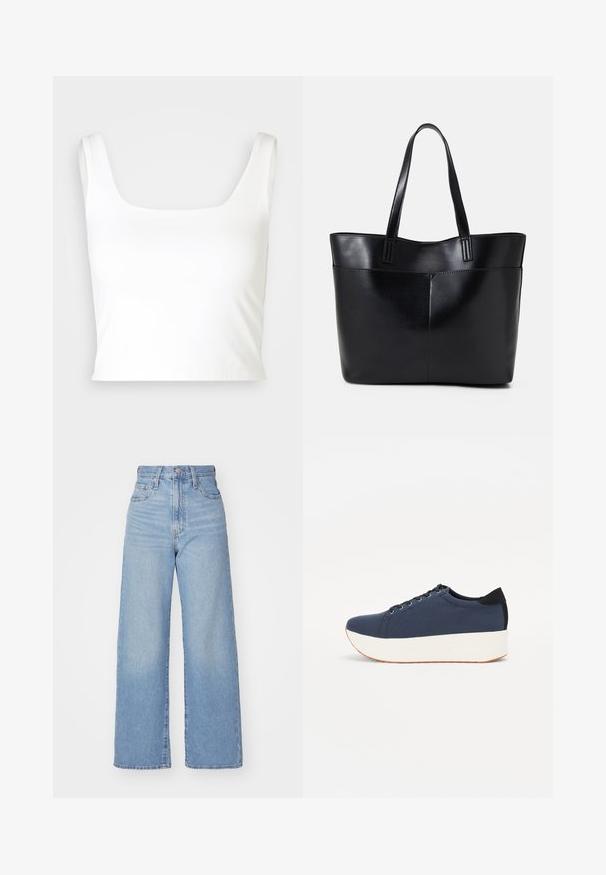 GAP COMPACT BRAMI - Tops - new off white; Gaiši zili augstās jostas vidukļa platās bikses ar priekšējo pogu un rāvējslēdzēju, priekšējām un aizmugurējām kabatām uz baltā fona.; Navy zilo apavi ar strukturētu auduma augšdaļu, baltu platformas zoli, noapaļotu pirkstu daļu un melnu papēža akcentu. Iekļautas sešas acs caurumi šnuķēšanai.; Melnas ādas iepirkumu soma ar divām garām rokturām, gludu tekstūru un strukturētu formu. Iekļauj priekšējo kabatu papildu uzglabāšanai.