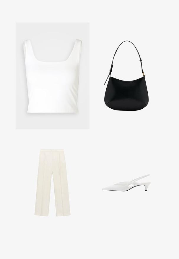 GAP COMPACT BRAMI - Top - new off white; Hlače širokih nogavic v svetli kremni barvi. Narejene iz gladkega materiala s plitkimi naborki spredaj in stranskimi žepi.; Bela slingback peta z ošiljenim nosom, z gladkim zgornjim delom, subtilnimi izrezi in nizkim blok petkom. Črna podplat poudarja dizajn.; Črna usnjena torba za ramo z gladko teksturo, ukrivljeno obliko in nastavljivim ročajem. Ima minimalno šivljenje in preprost dizajn.
