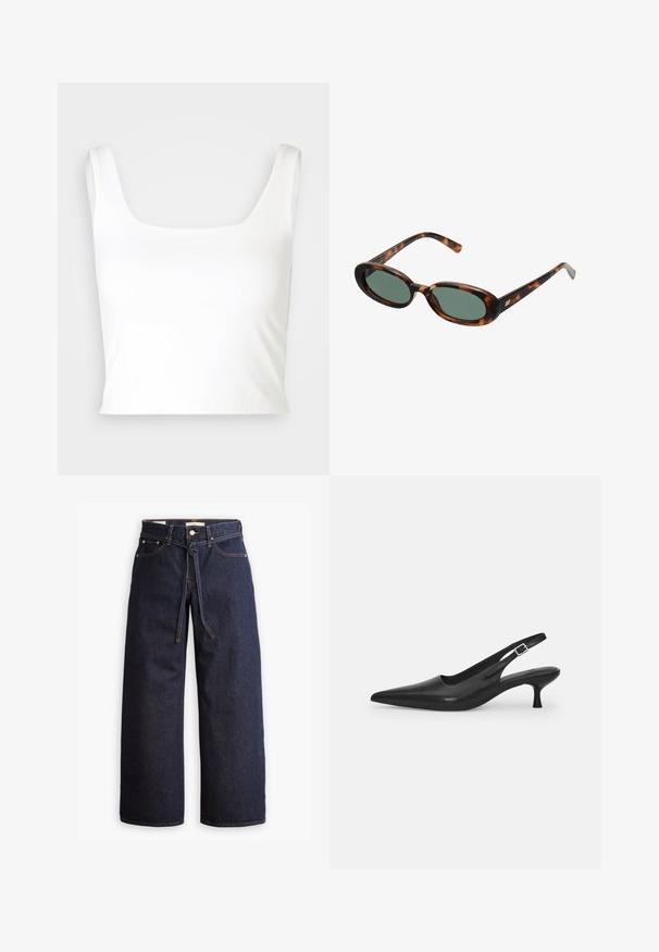 GAP COMPACT BRAMI - Top - new off white; Jeans in denim scuro a gamba larga con vita alta, dotati di un laccio, cinque tasche e dettagli di cucitura a contrasto.; Scarpa slingback nera in pelle con punta affusolata e tacco sottile e curvato. Presenta una discreta fascia regolabile con una fibbia in metallo.; Occhiali da sole tartarugati con montatura ovale e lenti verdi. Presentano aste sottili con un accento metallico vicino alle cerniere.