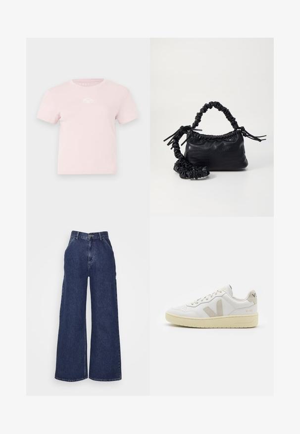 Rózsaszín pamut póló rövid ujjakkal, kerek nyakkivágással és egy kis fehér logóval a mellkason. Sima tapintású és lazán szabott kialakítás.; Sötétkék, bő szárú farmernadrág, magas derékkal, elülső zsebekkel és fémből készült gombos cipzárral. Simább textúra és klasszikus dizájn.; Fehér bőr sneaker bézs velúr részletekkel, perforált orr résszel, lapos fűzőkkel és textúrált krémszínű talppal. Finom márkajelzés található a sarkán.; Fekete műbőr kézi táska krokodil bőr textúrával, összehúzható tetejű és gyűrt pánttal. Lágy és kompakt dizájnúnak tűnik.