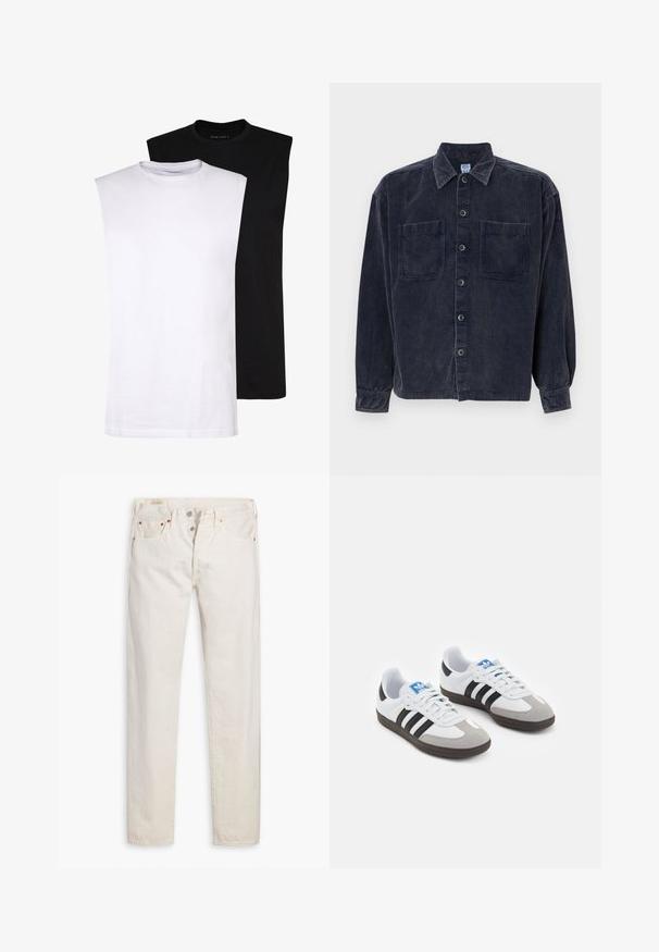 Biele a čierne bezrukávové bavlnené tričká s okrúhlym výstrihom, hladkou textúrou a minimalistickým dizajnom. Vhodné pre rôzne neformálne prostredia.; Námornícky kordový košeľový s dlhými rukávmi, s dvoma prednými vreckami a zapínaním na gombíky. Disponuje klasickým golierom a textúrovanou tkaninou.; Off-white vysoké slim-fit džínsy s gombíkovým zapínaním, piatimi vreckami a medi kovovými nitmi, položené na bielom pozadí.; Športové topánky s bielym koženým zvrškom, šedou semišovou špičkou a tromi čiernymi pruhmi. Obsahujú modré logo na jazyku a štruktúrovanú gumovú podrážku.