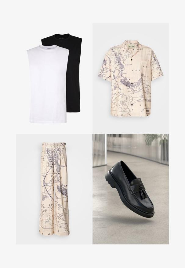 Białe i czarne bezrękawniki z bawełny z okrągłym dekoltem, gładką teksturą i minimalistycznym designem. Odpowiednie do różnych codziennych stylizacji.; Koszula z krótkim rękawem w jasnobeżowym kolorze z nadrukiem mapy w granatowym, posiadająca klasyczny kołnierzyk i kieszeń z przodu.; Spodnie o szerokich nogawkach w mapowy wzór w granatowym kolorze na beżowym tle, z plisowanymi detalami w talii i luźnym krojem.; Czarne skórzane mokasyny o gładkim wykończeniu, z dekoracyjnym chwostem, grubą gumową podeszwą i przeszyciami. Lekka i elegancka konstrukcja.