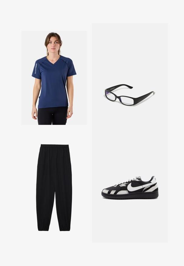 Granatowa koszulka sportowa z krótkimi rękawami, dekoltem w kształcie litery V, teksturowana tkanina i subtelny biały akcent na ramieniu.; Czarne, lekkie spodnie z elastycznym pasem i ściągaczami na kostkach. Materiał jest gładki i ma luźny, zwężany krój.; Czarno-białe sneakersy z teksturowanym wierzchem, z wyraźnym białym logo Nike i czarną podeszwą, sznurowanym zapięciem oraz wzorzystymi akcentami.; Czarne prostokątne okulary z przezroczystymi soczewkami. Błyszczące wykończenie, wąskie ramiona i fioletowy odcień widoczny na krawędziach soczewek.