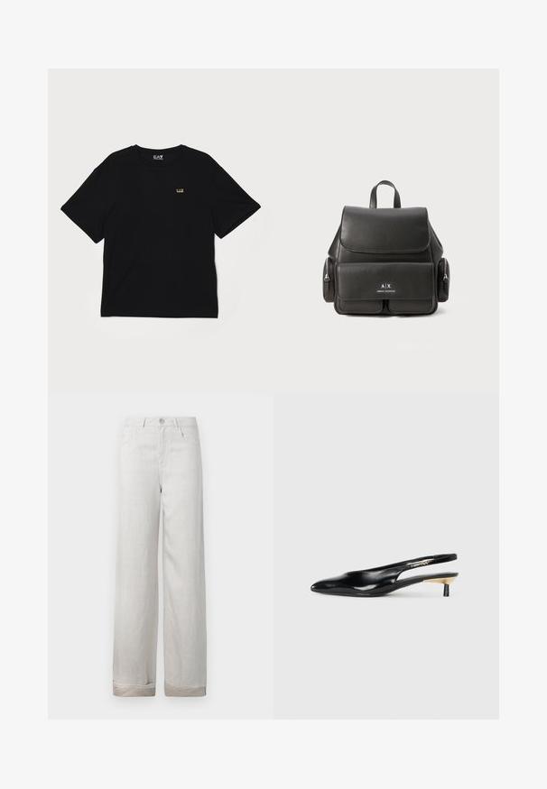 Svart bomull T-skjorte med korte ermer, rund hals og en liten gulllogo på venstre bryst. Jevn tekstur og avslappet passform.; Lyse grå linbukser med løs passform, fem lommer, knappelukking og oppbrettede ermer. Naturlig tekstur med subtil glans.; Sorte slingback pumps med spiss tå, glanset skinnfinish og en liten hæl med gullakcent. Elegant design med åpen bak.; Svart skinnryggsekk med klafflukkning, frontlomme, sidelommer med glidelås og et håndtak på toppen. Har logo-detaljer på forsiden.