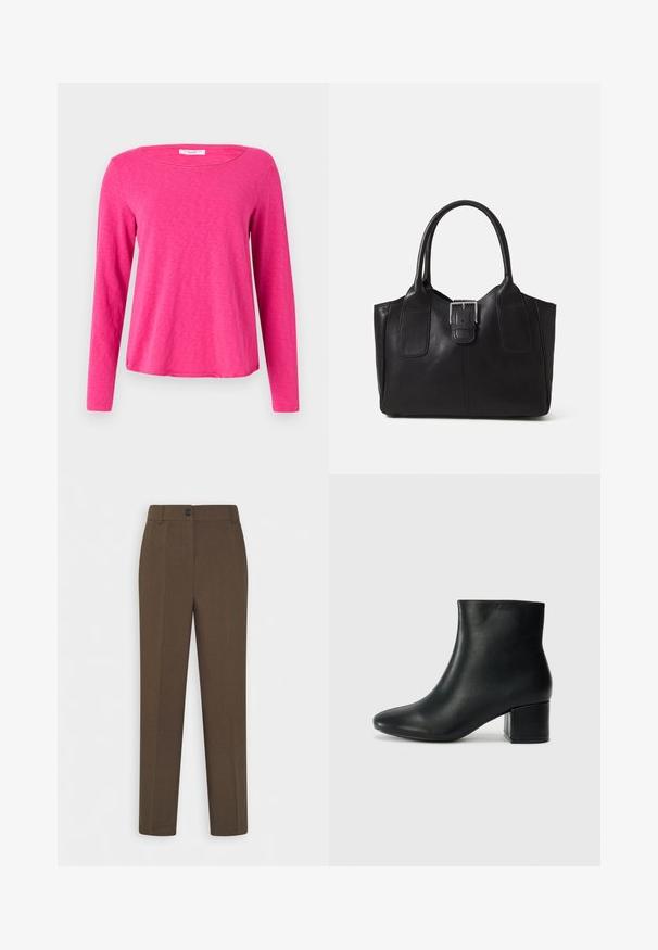 Long-sleeve shirt in bright pink, made of soft, textured fabric. Features a wide neckline and a relaxed fit with a straight hem.; Straight-leg brown trousers with belt loops and a single front button closure, displayed on a white background.; Black leather ankle boots with a pointed toe and a chunky heel. Smooth texture with minimal accents and a sleek, fitted design.; Black leather tote bag with smooth texture, structured shape, two handles, and a prominent silver buckle detail on the front.
