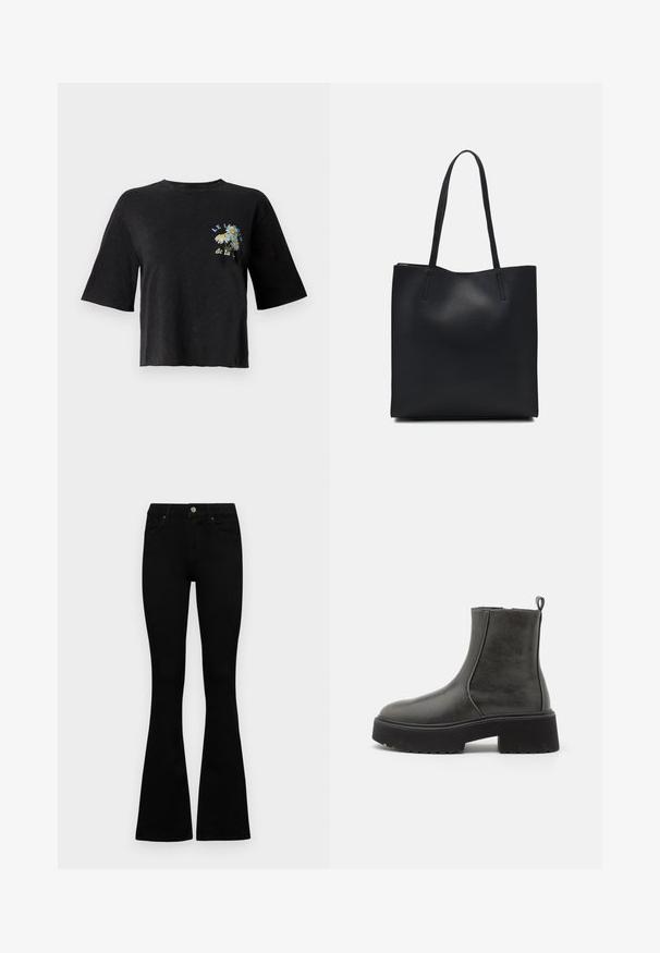 Juodas trumpas marškinėliai su trumpomis rankovėmis ir apvaliu iškirpimu, su gėlėmis siuvinėtu raštu ir užrašu "LE JARDIN de la" priekyje.; Juodos aukšto liemens džinsai su mygtuku ir užtrauktuku, priekinėmis kišenėmis ir platėjančiomis kojomis, išdėstyti ant baltos fono.; Juodi kulkšnies auliniai bateliai su lygiu sintetinės medžiagos paviršiumi, elastiniais šonais, traukimo kilpa ir storu guminiais padu.; Juodas odinis tote krepšys su lygia tekstūra, stačiakampio formos ir dviem ilgais rankenomis. Matomų metalinių detalių ar puošybos nėra.