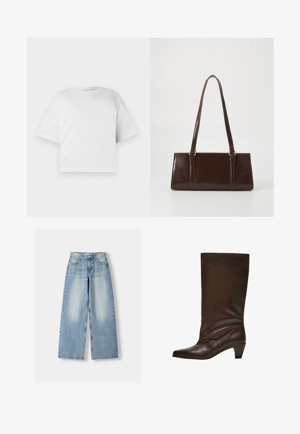 Biely skrátený tričko vyrobené z hladkej bavlny, s okrúhlym výstrihom a krátkymi, širokými rukávmi. Jednoduchý, čistý dizajn bez viditeľných vzorov.; Svetlomodré džínsy s širokými nohavicami a vysokým pásom, so zúženým vzhľadom, piatimi vreckami a rovnými nohavicami.; Hnedé kožené členkové topánky s špicatou špičkou, voľným dizajnom a zúženým podpätkom. Hladká textura bez vzorov alebo ďalších kovových prvkov.; Hnedá lakovaná kožená kabelka s obdĺžnikovým tvarom, dvoma dlhými rúčkami a jemne zakrivenými akcentami na prednej strane.