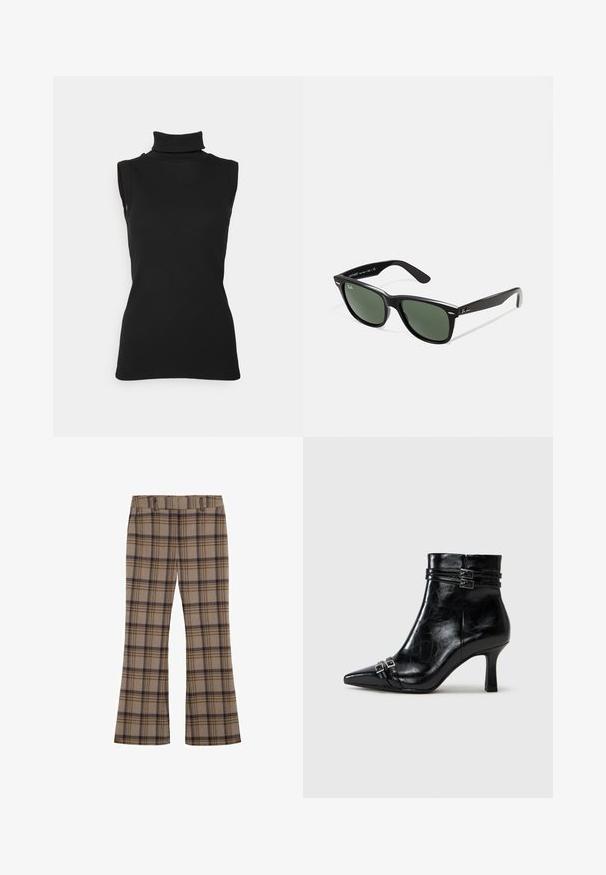Top nero senza maniche in tessuto a coste, caratterizzato da un collo alto e una silhouette aderente. Texture liscia con dettagli minimi.; Rabanne Maglietta a manica lunga - green/yellow/cream; Pantaloni a quadri realizzati in tessuto, con una base beige e check blu scuro e marroni, gamba svasata e vita elastica.; Tamaris Stivaletti con la zeppa - black; Occhiali da sole in plastica nera con lenti verdi, montatura quadrata, dettaglio argento sulla parte superiore e steli con texture. Marchio indicato sulla parte interna dello stelo.