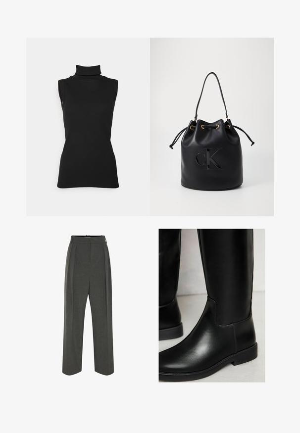 Zwarte mouwloze turtleneck top van ribstof, met een hoge hals en een getailleerde pasvorm. Gladde textuur met minimale details.; Grijze wijde broek van gestructureerde stof, met een hoge taille en plooien aan de voorkant. Het ontwerp heeft een gladde tailleband en geen zichtbare sluitingen.; Zwarte leren kniehoog boots met een gladde textuur, ronde neus, minimale stitching en een lage blokhak. Heeft een stijlvolle, strakke pasvorm.; Zwarte leren emmer tas met trekkoord sluiting, voorzien van een glanzend "CK" logo aan de voorkant en gouden hardware accenten.