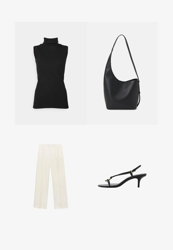 Črn brezrokavnik s turtleneck ovratnikom iz rebraste tkanine, ki ima visok ovratnik in prilega se postavi. Gladka površina z minimalnimi detajli.; Hlače širokih nogavic v svetli kremni barvi. Narejene iz gladkega materiala s plitkimi naborki spredaj in stranskimi žepi.; Črne usnjene sandale s kitten peto, tankimi trakovi, zlate zaponke in minimalistično zanko za prste na beli podlagi.; Črna usnjena hobo torba z gladko teksturo, ukrivljeno obliko in eno nastavljivo naramnico; ima širok odprtina na vrhu.