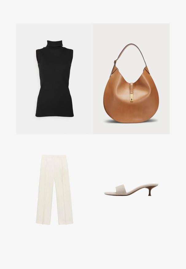 Črn brezrokavnik s turtleneck ovratnikom iz rebraste tkanine, ki ima visok ovratnik in prilega se postavi. Gladka površina z minimalnimi detajli.; Hlače širokih nogavic v svetli kremni barvi. Narejene iz gladkega materiala s plitkimi naborki spredaj in stranskimi žepi.; Sandal brez pet, z zgornjim delom iz bež tkane tkanine, odprti prsti in ukrivljenim lesenim podplatom. Oblikovanje se ponaša z gladko teksturo in minimalistično obliko.; Torbica iz svetlo rjave usnjene oblike s širokim ramenskim trakom. Ima zlatni kovinski poudarek na sredini in gladko teksturo.