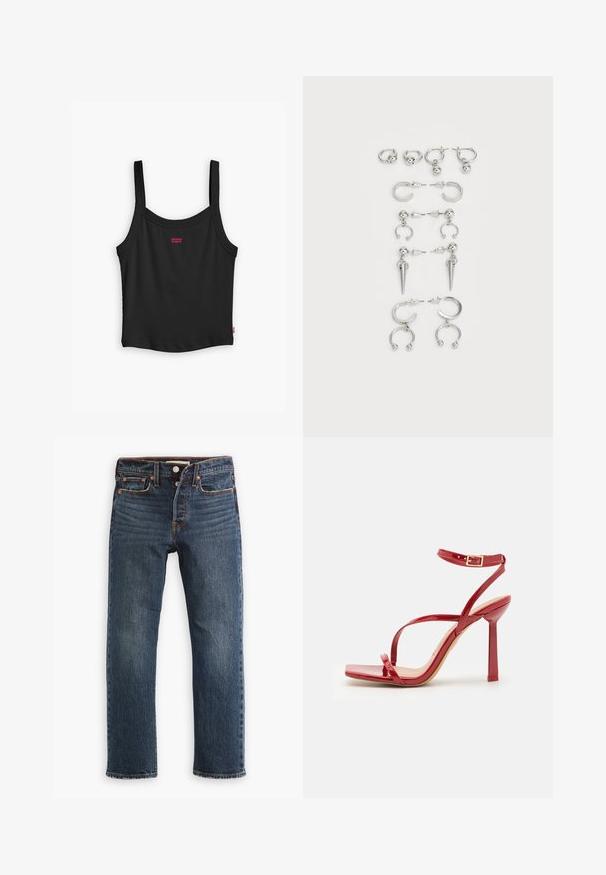 Črni rebrasti top s tankimi naramnicami, ki ima majhen rdeč logotip Levi's na sprednji strani in raven rob.; Temno modre denim hlače s pravim krojem nogav. Imajo sprednje žepe, gumbno zapenjanje ter vidno šivanje. Zgorela tekstura.; ALDO SCINTILLA - Sandali z visoko peto - red; Komplet srebrnih ušesnih uhani z različnimi oblikami: obroči, stud earrings in viseči slogi, z okroglimi poudarki in koničnimi elementi.
