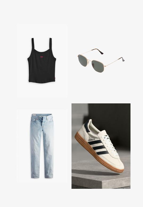 Fekete bordás ujjatlan felső vékony pántokkal, a középső elülső részen egy kis piros Levi's logóval és egyenes szegéllyel.; Világoskék farmernadrág, egyenes szárú fazonnal, két elülső és két hátsó zsebbel. Két gombos zipzárral és diszkrét varrással rendelkezik.; Fehér velúr sneaker tengerészkék csíkokkal, gumitalppal, textúrált felső résszel, kerek orral és fűzős kialakítással; a cipő oldalán és a nyelvén logó található.; Arany fémkeretes napszemüveg sötétzöld lencsékkel, pilóta stílusban, vékony karokkal és teknősbékás díszítéssel a végeken.; Szürke szintetikus válltáska, két hosszú füllel és egy hozzá illő, cipzáras kis tasakkal, amely tasselt tartalmaz. Simító textúra finom mintázattal.