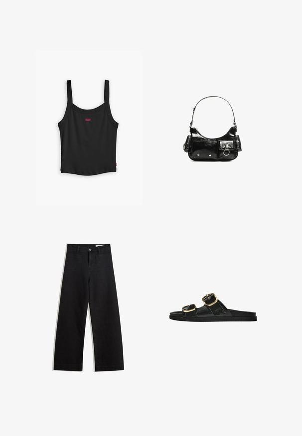 Črni rebrasti top s tankimi naramnicami, ki ima majhen rdeč logotip Levi's na sprednji strani in raven rob.; Črne široke denim hlače z visokim pasom, ki imajo sprednje in zadnje žepe, šivane šive ter gumbasto zapiranje. Gladka tekstura.; Črne drsne sandale z dvema zlatima zaponkama, gladkega materiala, ravnim podplatom in minimalističnim dizajnom.; Črna lakasta usnjena torbica s ukrivljeno obliko, enim ramenskim trakom, sprednjimi žepi in srebrnimi kovinskimi dodatki.