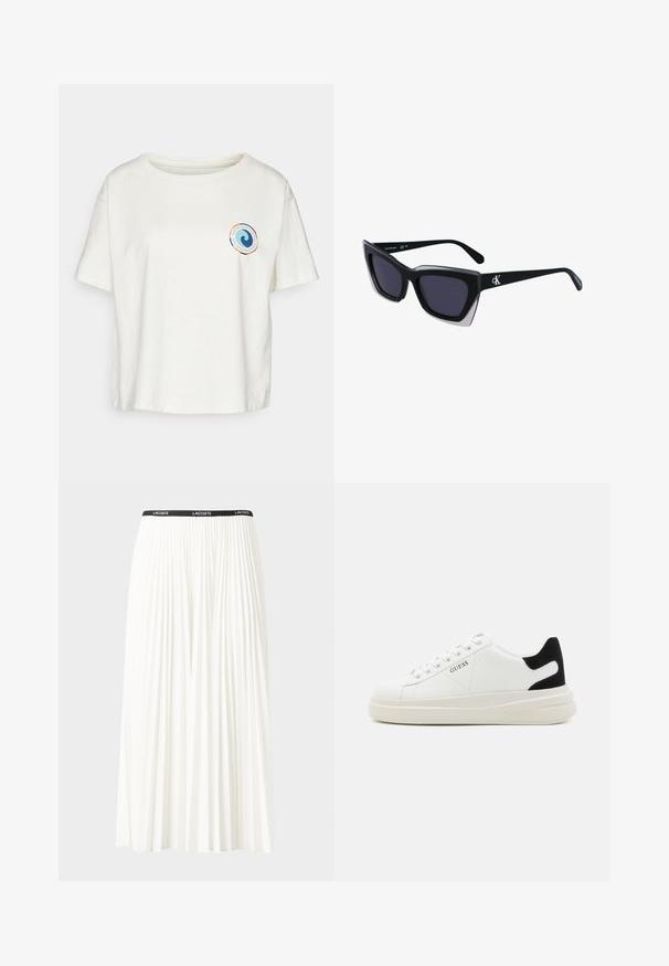 Patagonia UNITY FITZ EASY CUT RESPONSIBILI-TEE - Tričko s potlačou - birch white; Plisovaná biela sukňa s čiernym elastickým pásom s logom "LACOSTE". Sukňa je stredne dlhá a má mäkkú textúru.; Biele kožené tenisky s hrubou bielou podrážkou, čiernym zamekom na päte a vyrazeným logom na boku. Šnurovací dizajn so šiestimi očkami.; Čierne oversized slnečné okuliare s geometrickým tvarom, s tmavými šošovkami a kontrastným šedým detailom na ráme. Logo na mostíku.