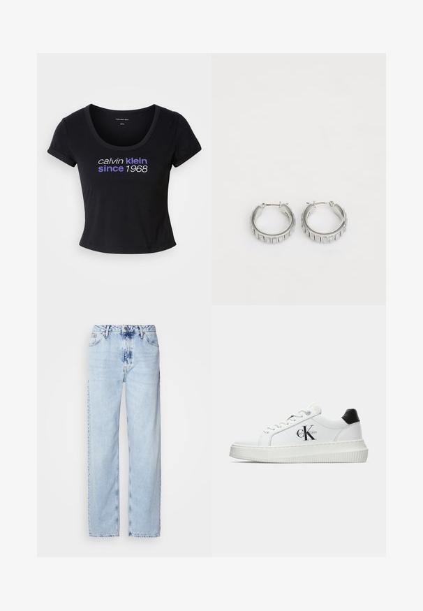 Svart bomull t-shirt med en figurnära design, rundad halsringning, korta ärmar och vit samt lila text som står "calvin klein sedan 1968."; Ljusblå vida jeans i denim med hög midja, blekt tvätt och subtilt tie-dye-mönster fram.; Vit lågtopp sneakers med svart hälflik, platåsål, snörning och Calvin Klein "CK" logotyp på sidan.; Silverfärgade hoopörhängen med en texturerad design som har vertikala räfflor. Cirkelformade med ett säkert lås. Slät yta.