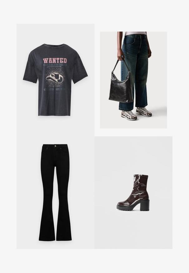 JDY JDYCARLA O NECK STUD - Printtipaita - phantom; Mustat leveälahkeiset farkut, jotka on valmistettu denimistä. Varustettu napituslaitteella, viidellä taskulla ja sileällä pinnalla. Leveät lahkeet alkavat polven alapuolelta.; Satea bordeaux berwarna mengkilap dengan tumit hitam tebal, menampilkan tekstur halus dan desain sederhana. Tanpa pengikat atau pola yang terlihat.; Musta nahkainen olkalaukku, jossa on sileä pinta ja säädettävä hihna, yhdistettynä haalistuneisiin leveälahkeisiin farkkuihin ja urheilukenkien kanssa.