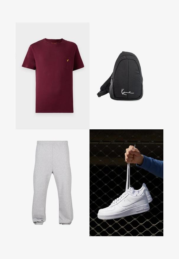 Bordeaux katoenen t-shirt met korte mouwen, ronde halslijn, een voorknoopzak en een klein geel logo geborduurd op de zak.; Grijze joggingsbroek van een katoenmix, met een elastische tailleband, taps toelopende pijpen en verdfste naden. Eenvoudig ontwerp zonder patronen.; Witte leren sneakers met perforaties, ronde neus, vlakke zool en dikke veters, met een zichtbare swoosh-logo en "AIR" op de hiel.; Zwarte stoffen schouderrugzak met een soepele textuur, met een gebogen ontwerp, een ritscompartiment en een wit logo aan de voorkant.